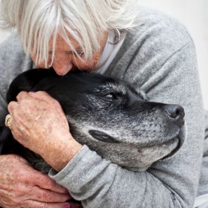 A woman is hugging a dog A woman is hugging a dog