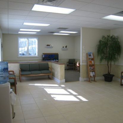 an empty waiting room with couches and plants